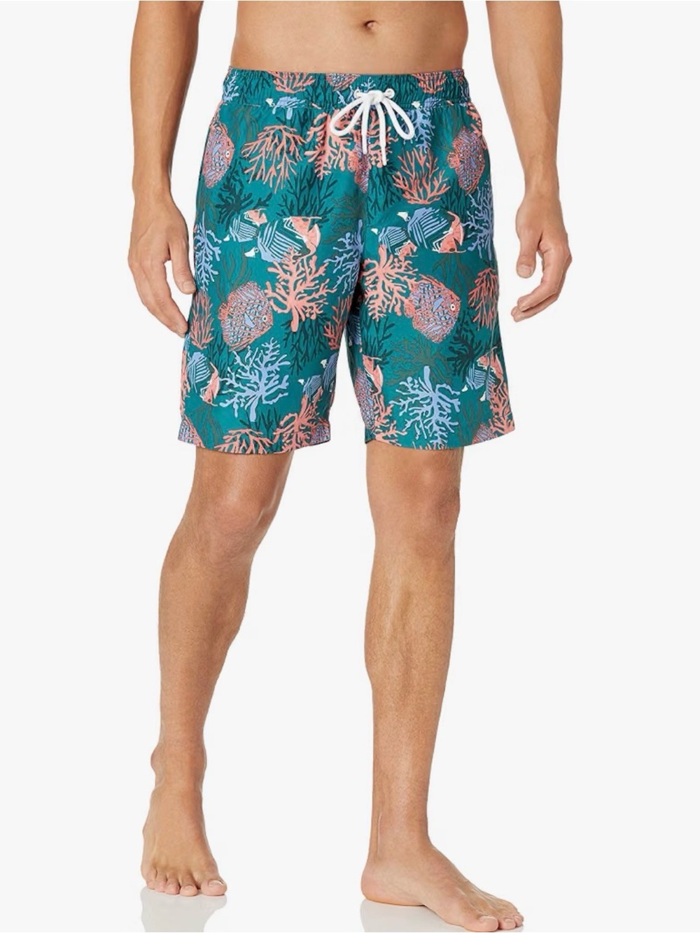 Amazon Essentials Men’s Teal Swim Shorts with Coral and Light Blue Reef Print